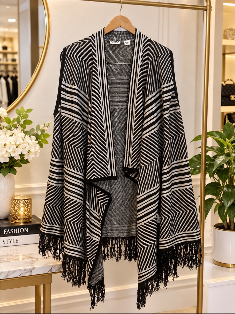 Cato Black and Cream Geometric Fringe Cape
